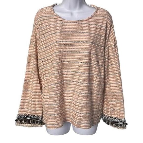 Style & Co Sweater Women's Sz M Apricot and Gray Boho Pom Pom Long Sleev… - Picture 1 of 16